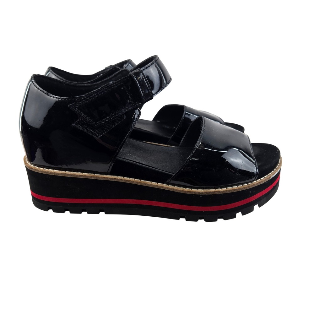 Eileen Fisher Luella Black Patent Leather Platform‎ Wedge Sandals Red Stripe 8